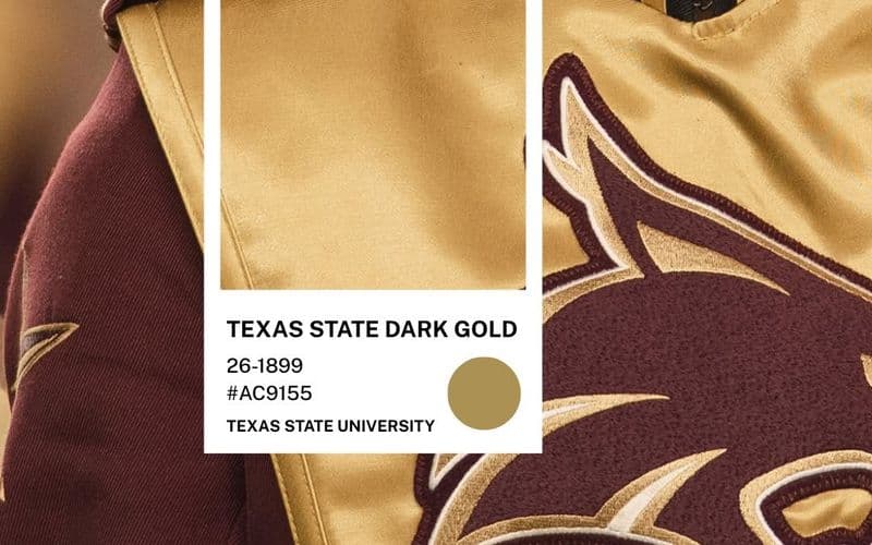 Áo khoác vàng đậm gắn logo đầu Bobcat của Texas State — chip màu Texas State Dark Gold #AC9155